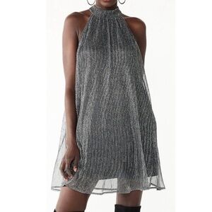 NWT  $60 Nine West Mockneck Swing Mini Dress Black Metallic Silver Size XL